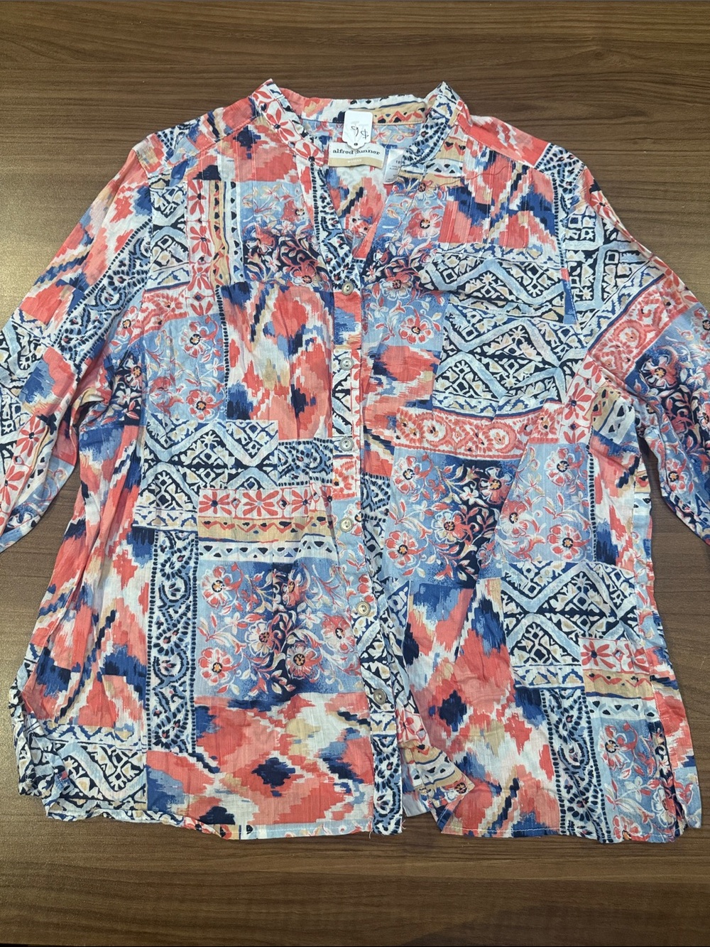 Alfred Dunner Coral, Blue & White Printed Button-Front Blouse